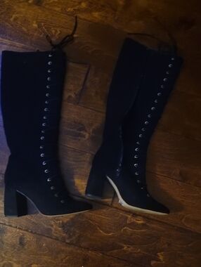 Women's Black Lace-Up Knee High Block Heel Boots